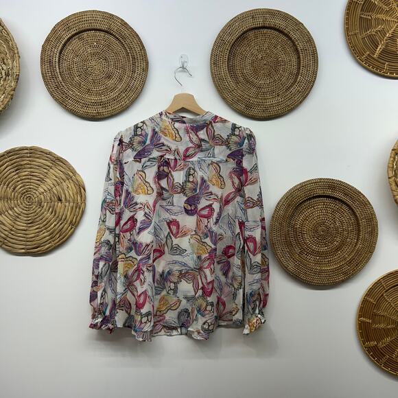 Hale Bob Butterfly Print Blouse Top Large Long Sleeve Tie Neck Boho Colorful - Picture 3 of 8